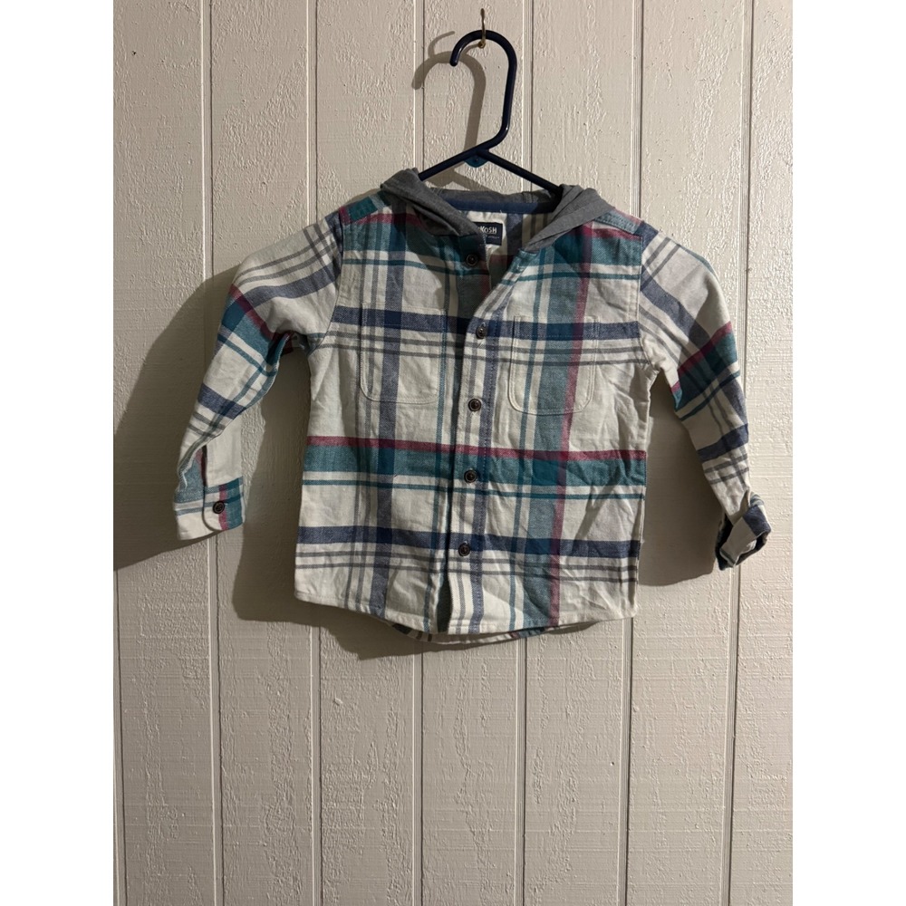 OshKosh Bgosh Toddler Boys Plaid Hooded Flannel Shirt 3T Blue White 2R605710